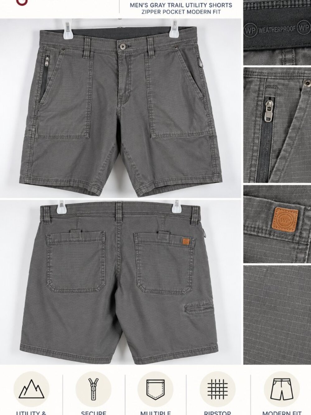 WP Weatherproof Gray Trail Utility Cargo Shorts Zipper Pocket Modern Fit
